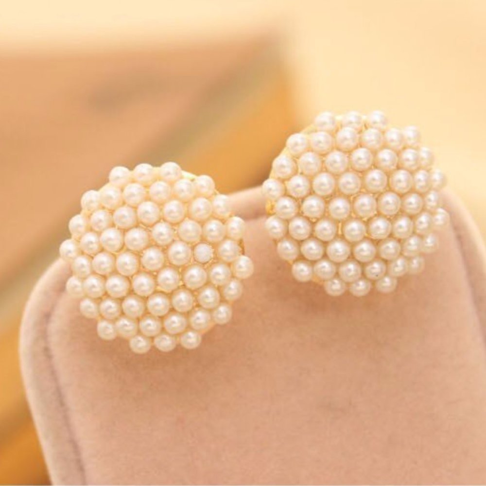 NEW - 14K Gold Pearl Pave Stud Clip Earrings
